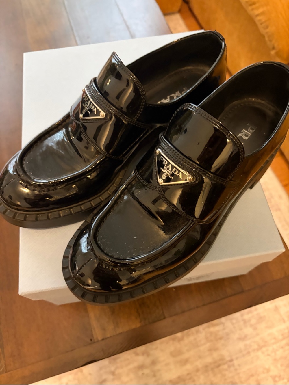 Prada Black Patent Leather Women's Loafers with Logo Plaque